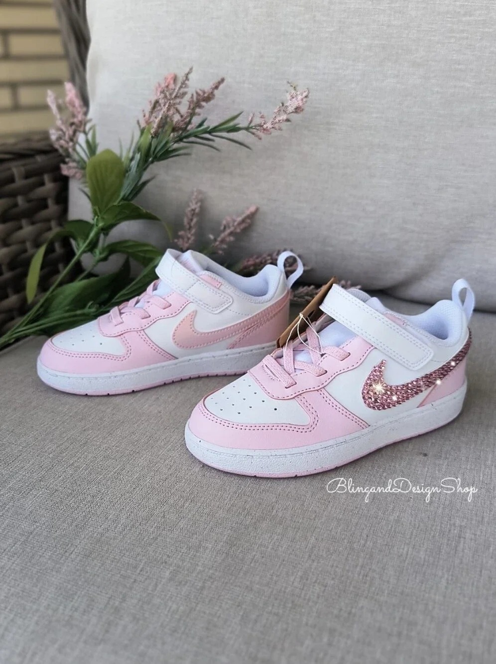 Swarovski Nike Court Borough Low Recraft Girls Toddler Bling Sneakers Pink White